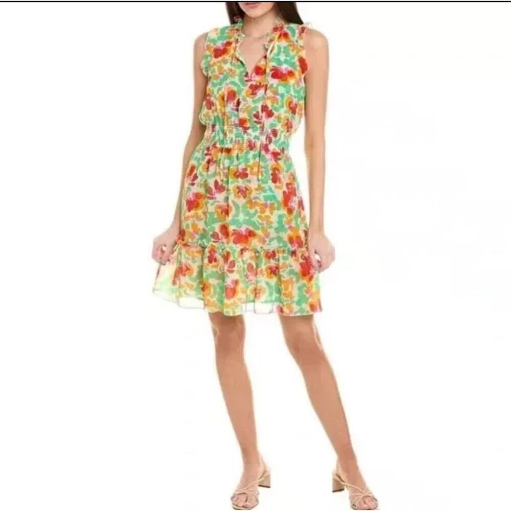 Cabi Womens Sleeveless Floral Print Dress With Ruffle V-Neck & Smocked Waist M